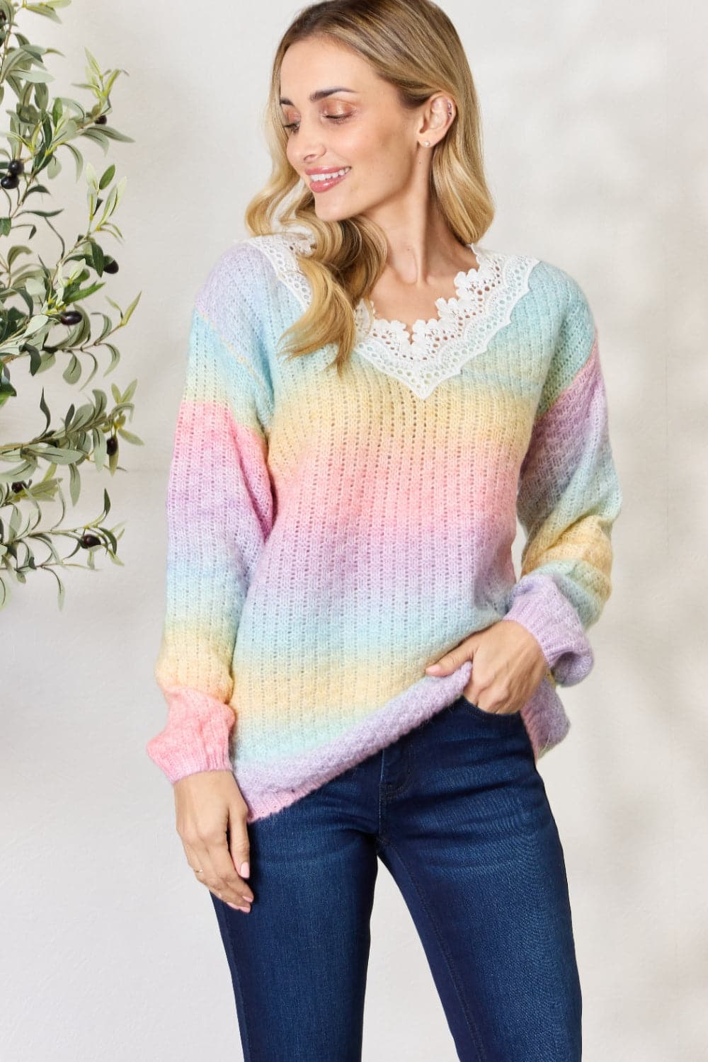 BiBi Rainbow Gradient Crochet Deetail Sweater.