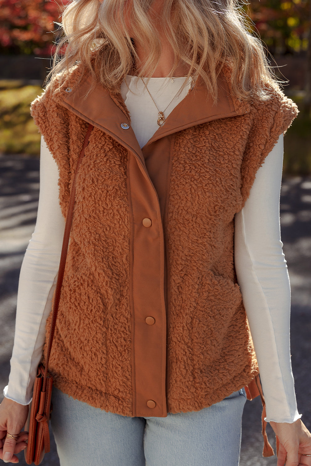 Premium Cinnamon Faux Fur Vest Snap Button Front Knot Side Pockets