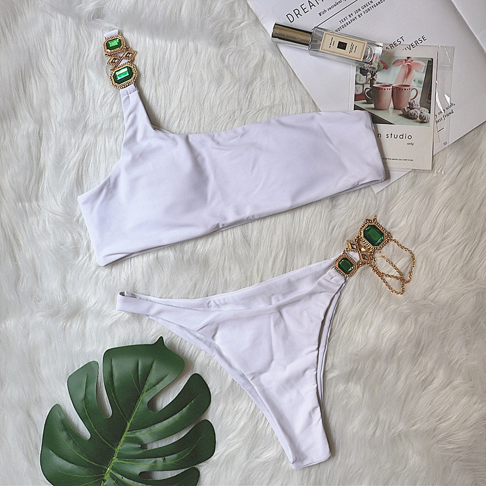 Swimsuit Luxury Crystal Diamond Chain Women Split Swimsuit Plain One Shoulder Sexy Bikini Bella Mia