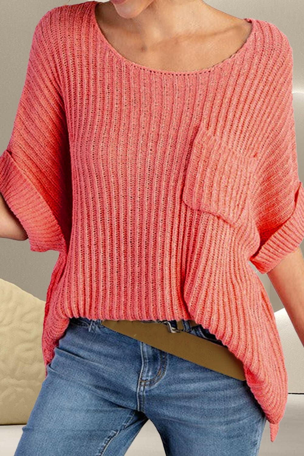 Round Neck Half Sleeve Knit Top.