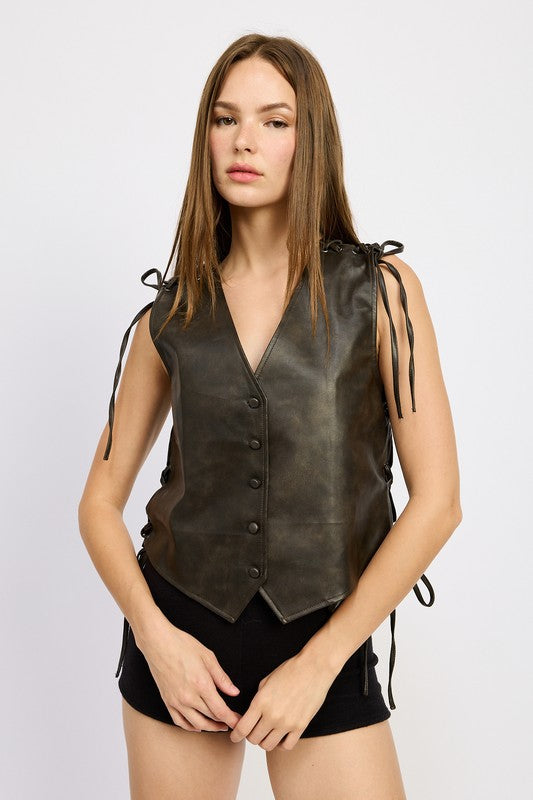 Stylish leather vest with feminine lace accents