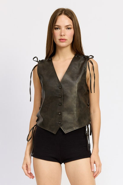 Stylish leather vest with feminine lace accents