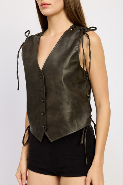 Stylish leather vest with feminine lace accents