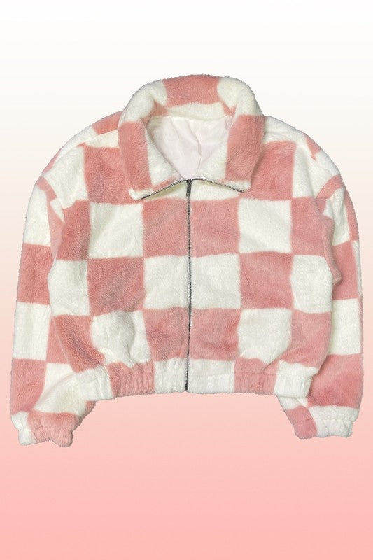 Fuzzy checkered jacket for warmth