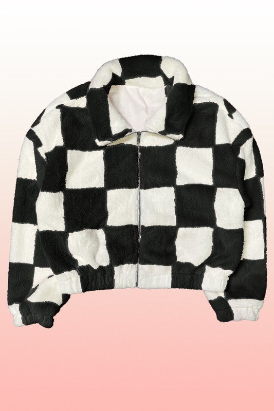 Fuzzy checkered jacket for warmth