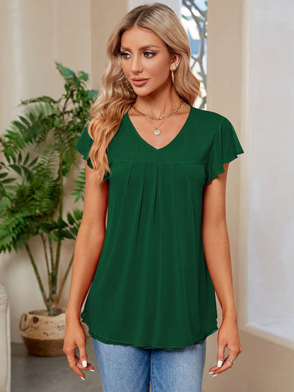 Ruched V-Neck Short Sleeve T-Shirt.