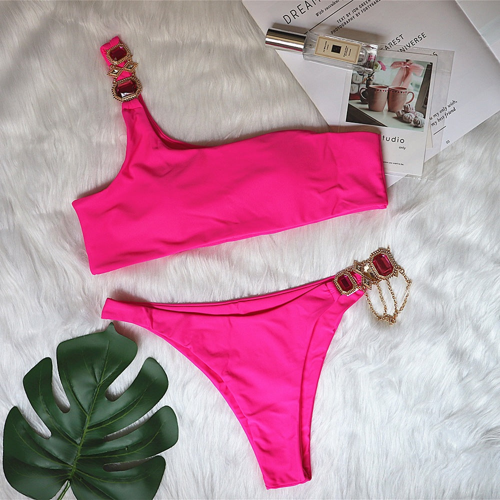 Swimsuit Luxury Crystal Diamond Chain Women Split Swimsuit Plain One Shoulder Sexy Bikini Bella Mia