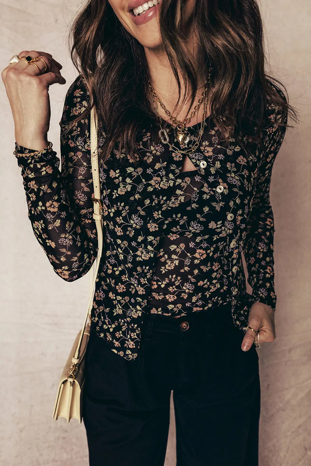 Black Floral Print Mesh Tank Cardigan Set 2pc Button Front Slim Dear-Lover Dropshipping