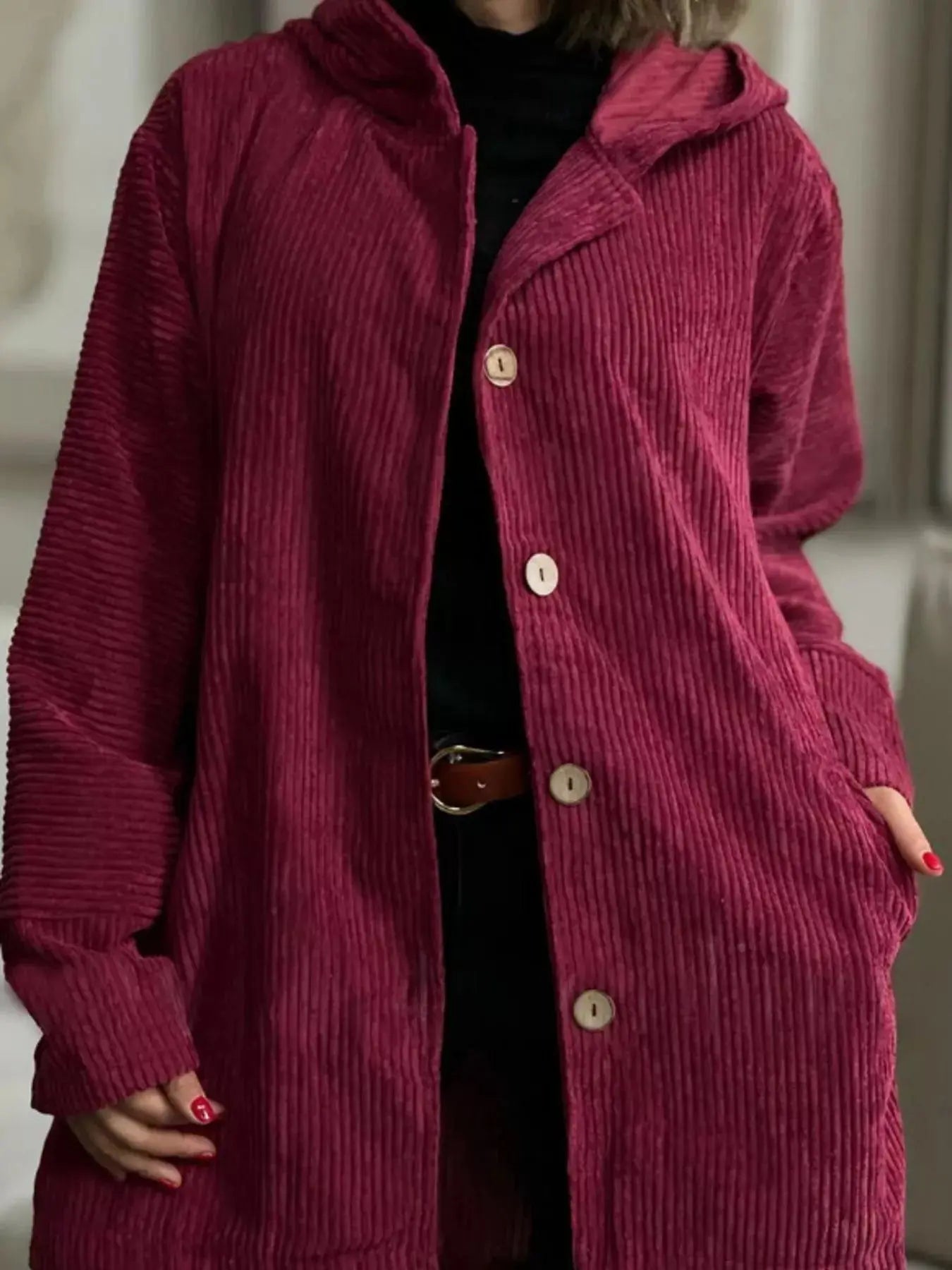 Full Size Corduroy Button Up Hooded Jacket Plus Size Simply Love