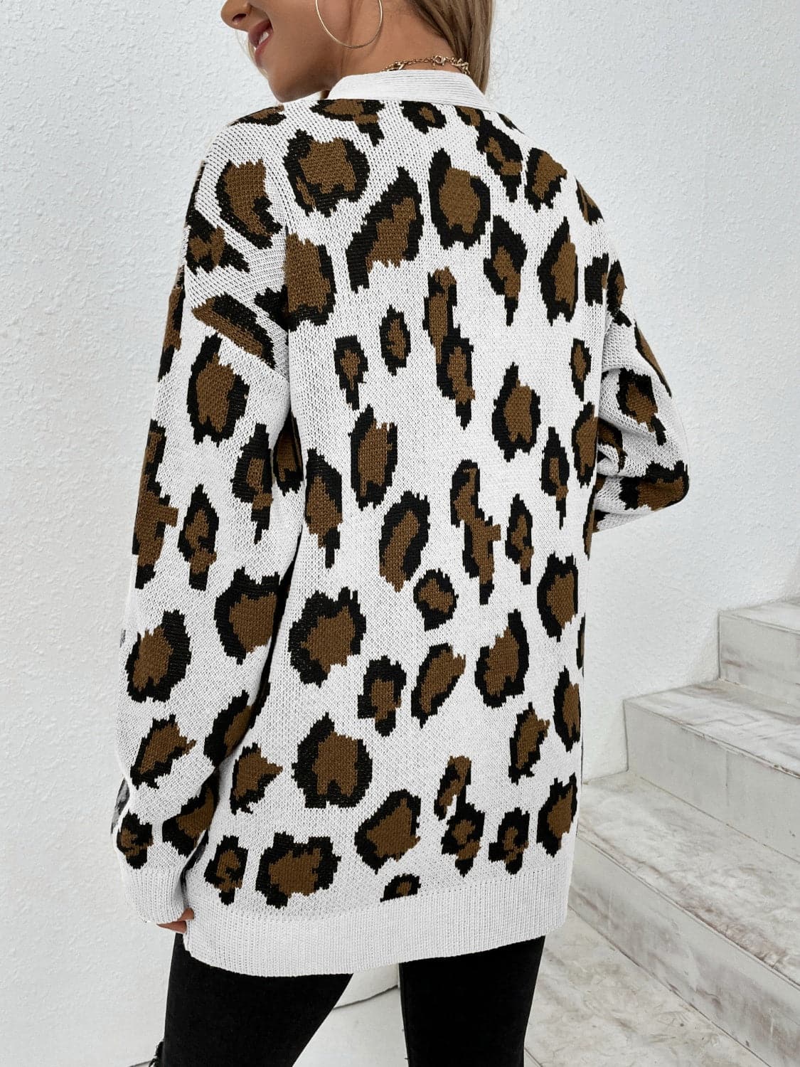 Leopard Open Front Dropped Shoulder Cardigan.