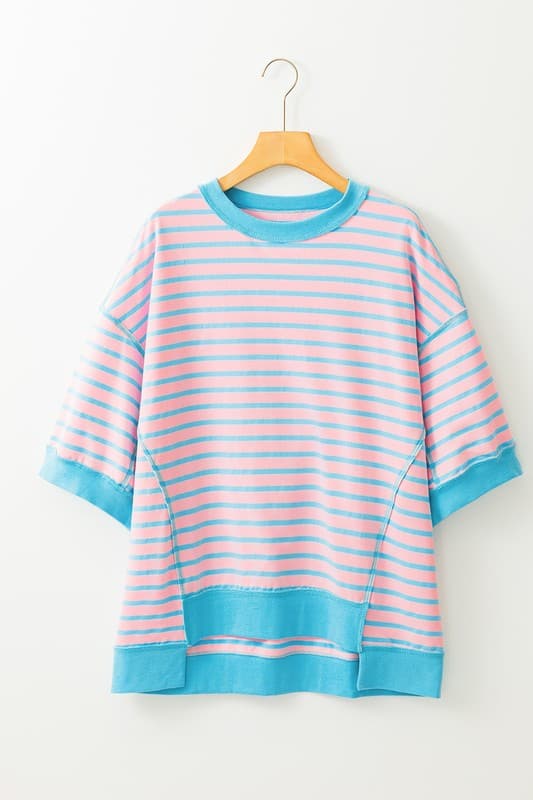 Pink Mint Stripe Color Block Oversized T Shirt Top.