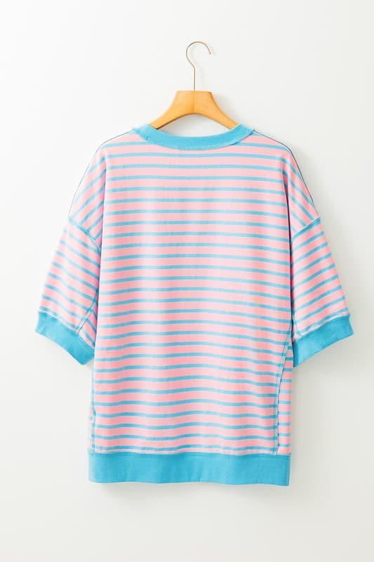 Pink Mint Stripe Color Block Oversized T Shirt Top.