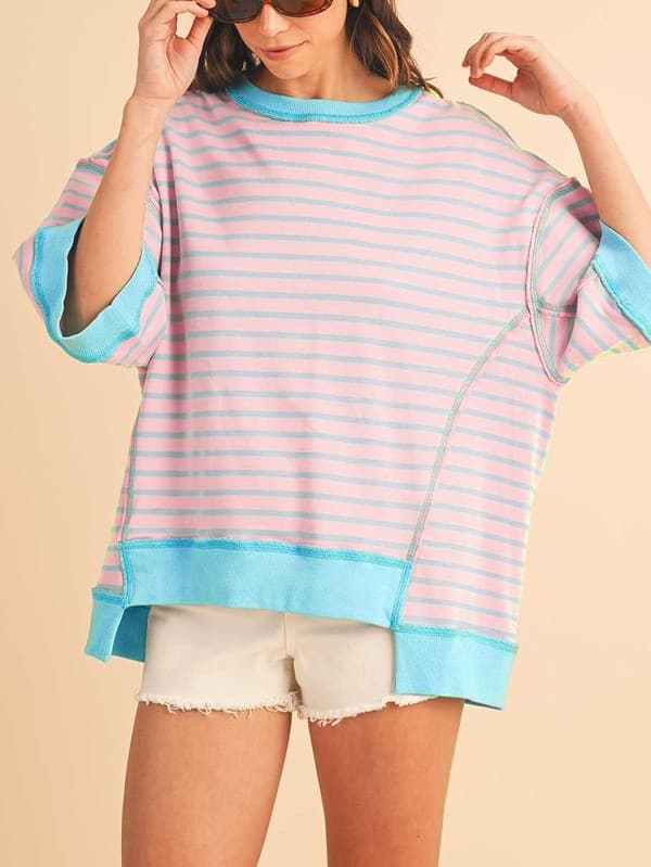 Pink Mint Stripe Color Block Oversized T Shirt Top.