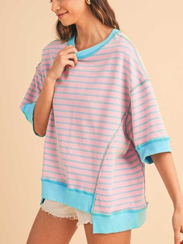 Pink Mint Stripe Color Block Oversized T Shirt Top.