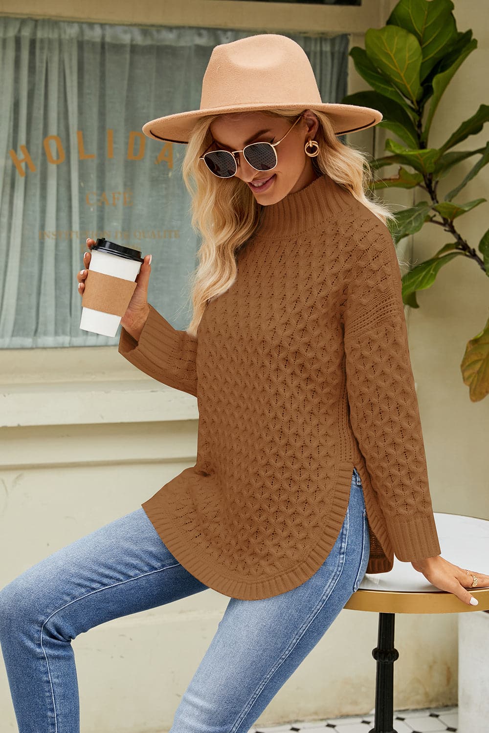 Slit Long Sleeve Mock Neck Sweater.