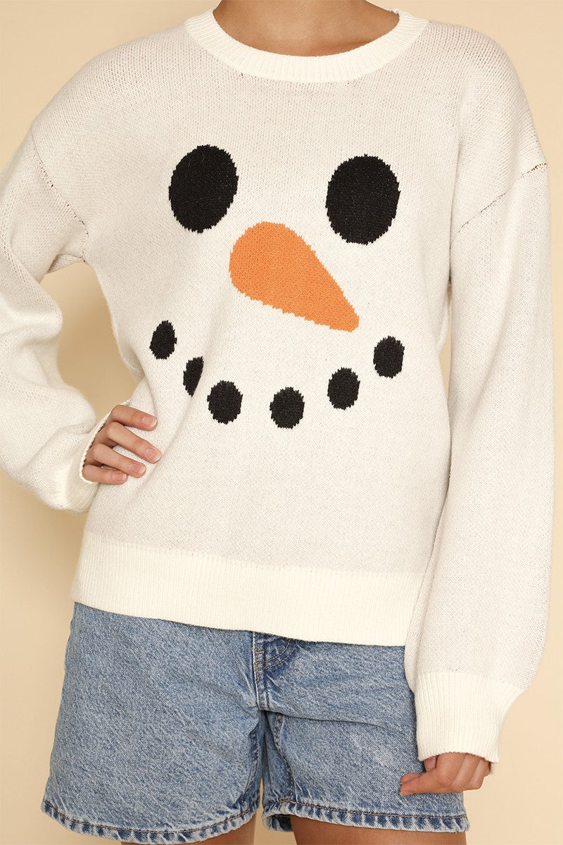 Snowman face knit holiday sweater Miss Sparkling