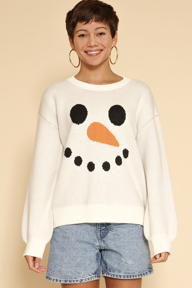 Snowman face knit holiday sweater Miss Sparkling
