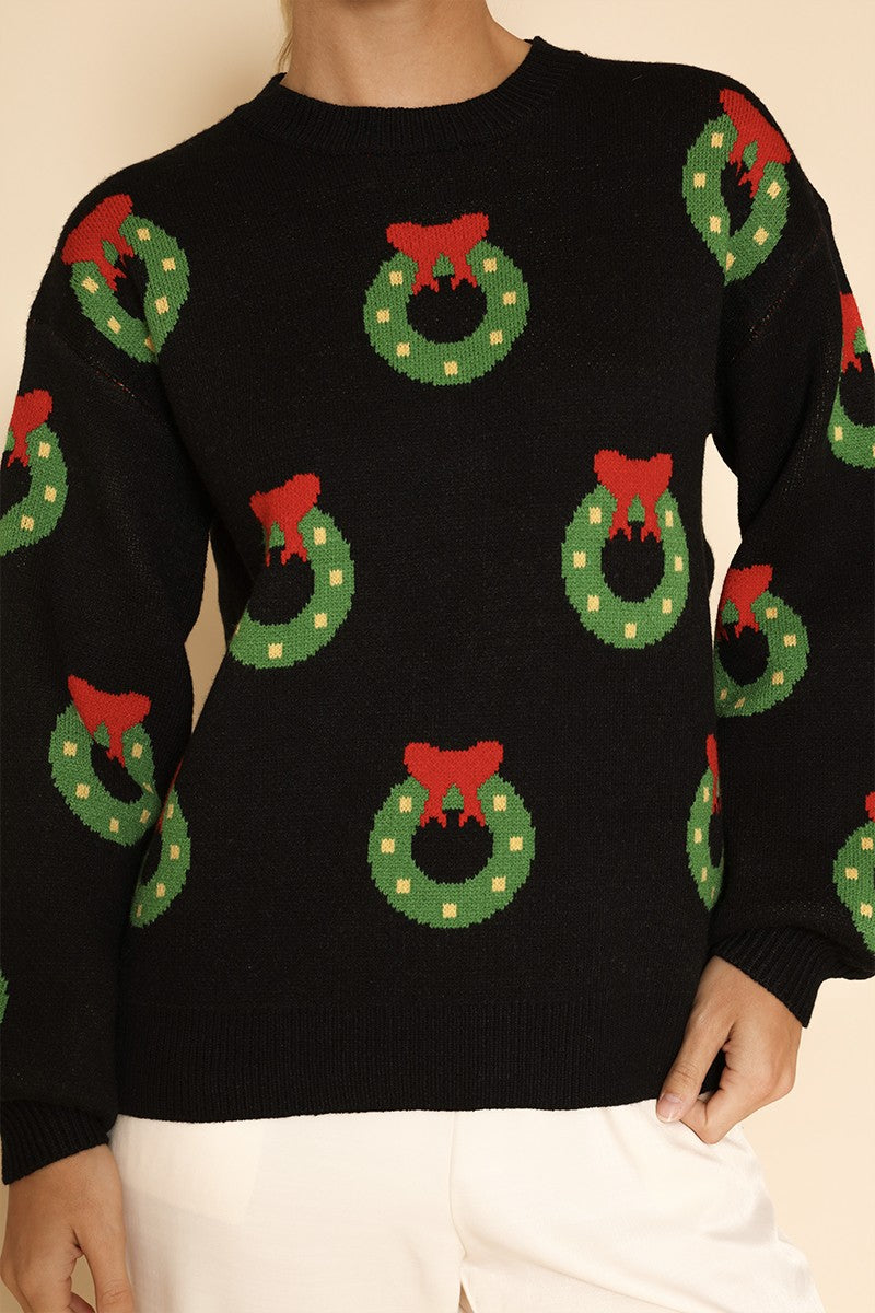 All over wreath holiday knit sweater Miss Sparkling