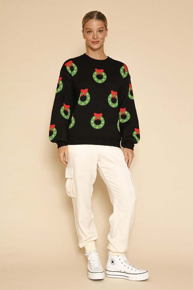 All over wreath holiday knit sweater Miss Sparkling