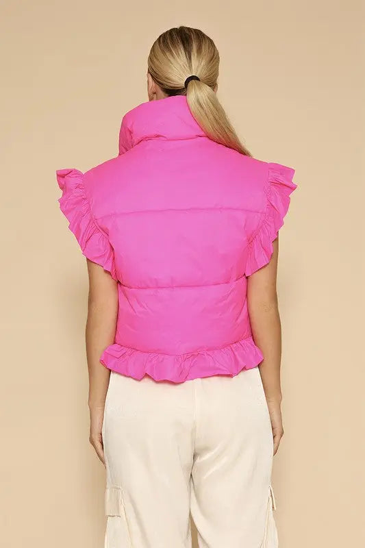 Exclusive Cropped Puffer Vest With Ruffle Detailing And Zipper Front Closure Miss Sparkling
