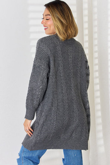 Cable-Knit Open Front Dropped Shoulder Cardigan.