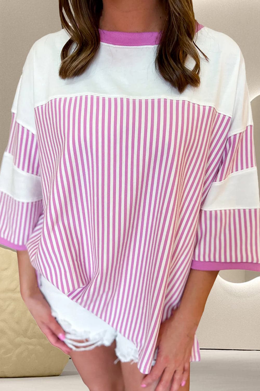 Striped Round Neck Three-Quarter Sleeve T-Shirt.