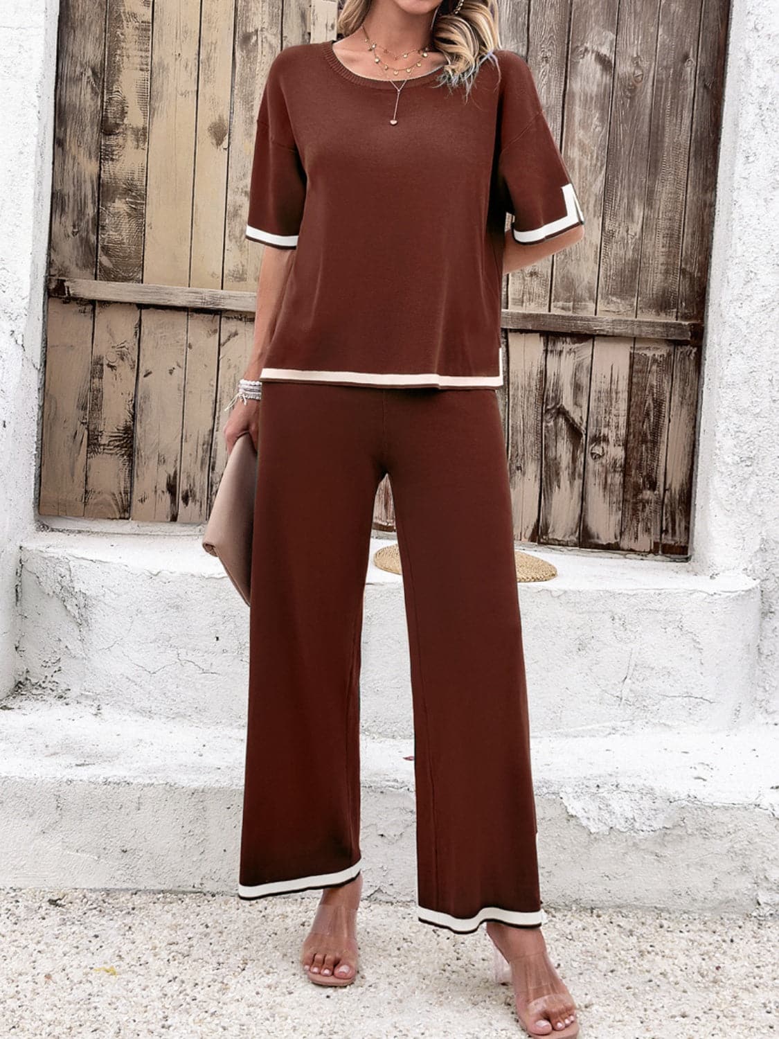 Contrast Trim Round Neck Top and Pants Set.