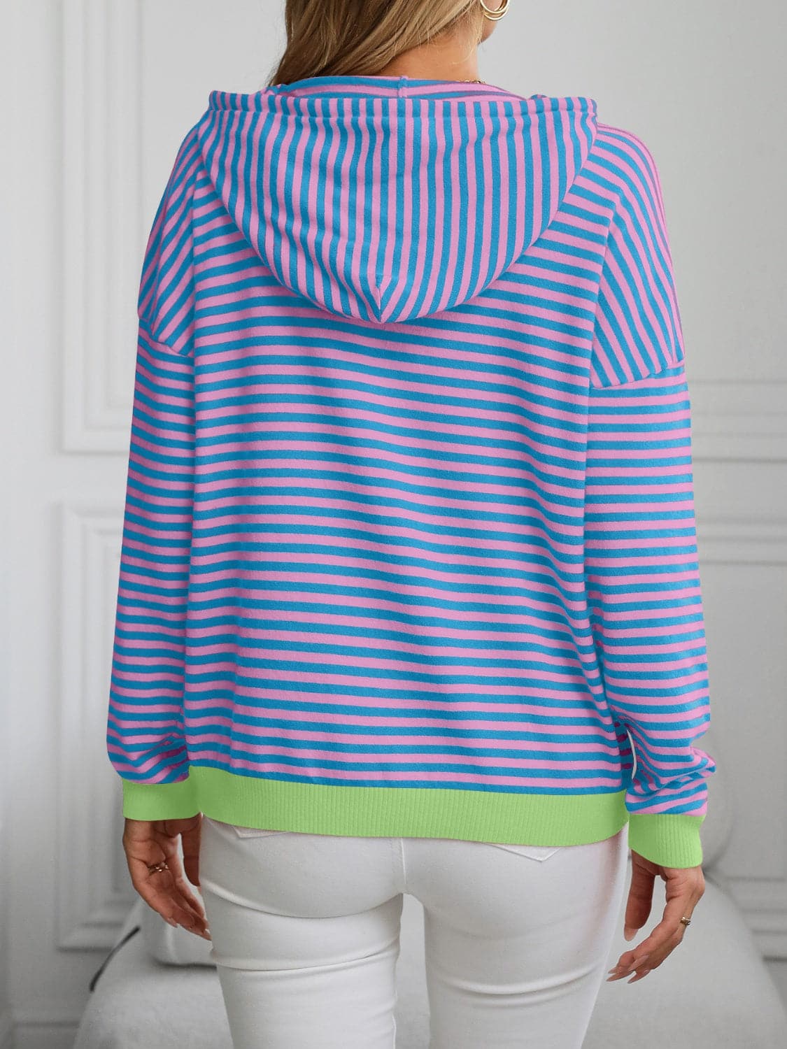 Striped Long Sleeve Hooded Knit Top.