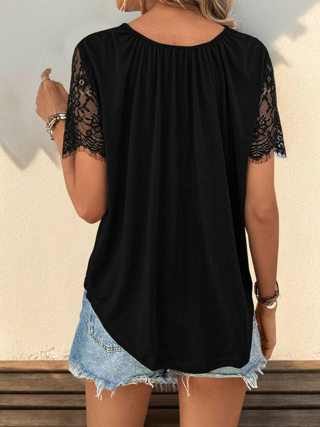 Lace Detail V-Neck Short Sleeve T-ShirtLace Detail V-Neck Short Sleeve T-Shirt

Upgrade your everyday look with our Lace Detail V-Neck Short Sleeve T-Shirt. Featuring a blend of femininity and casual stylLove Salve -Neck Short SleeveT-Shirts