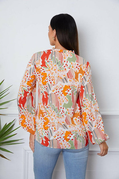 Floral Frill Notched Long Sleeve Blouse.