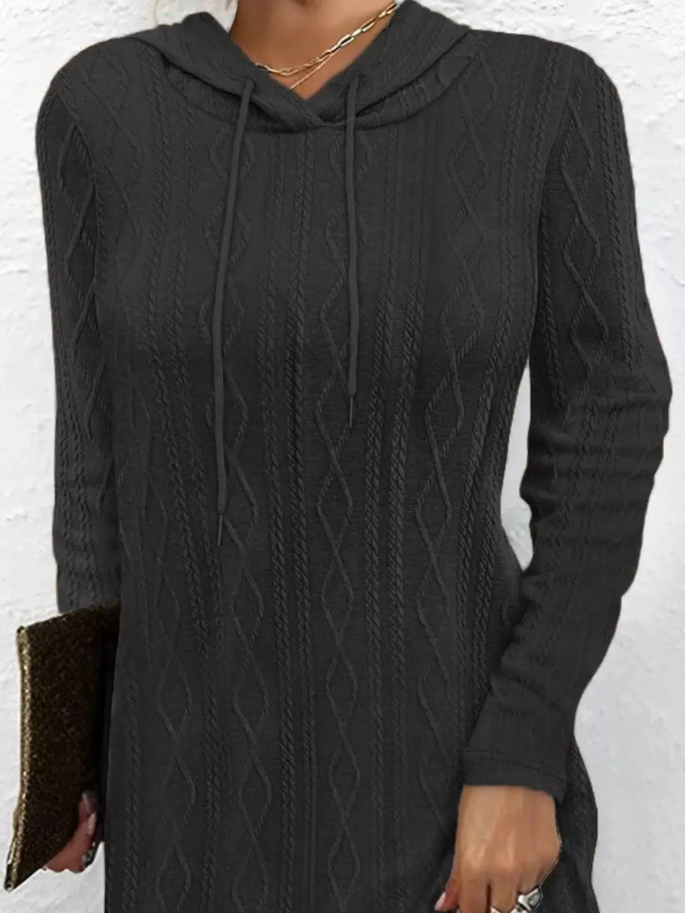Casual Long Sleeve Hooded Cable Knit Dress With Drawstring Slit Simply Love