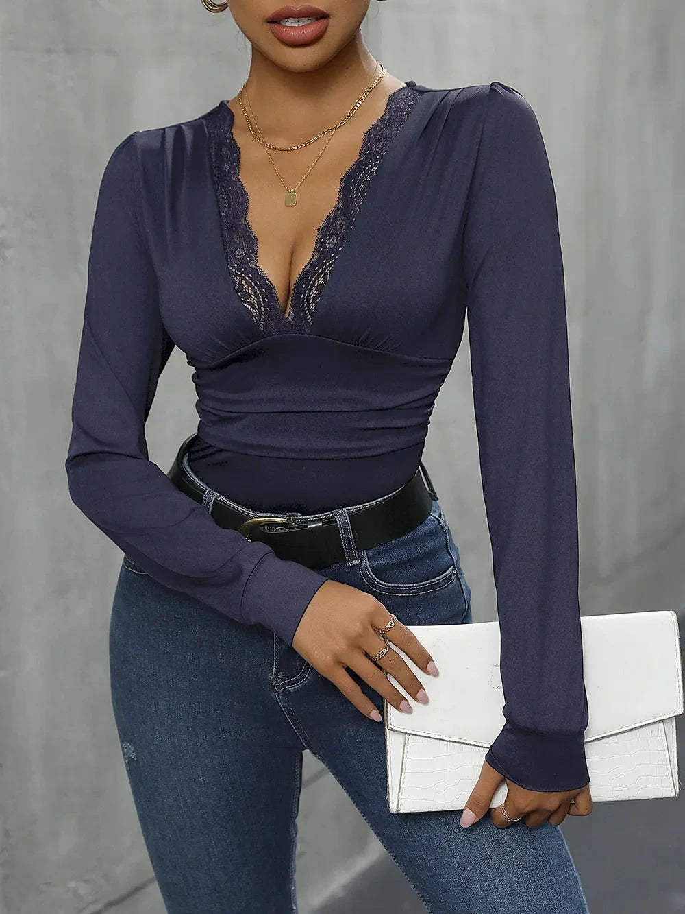 Perfee Lace Detail Plunge Long Sleeve Bodysuit Coco’s Tee Boutique