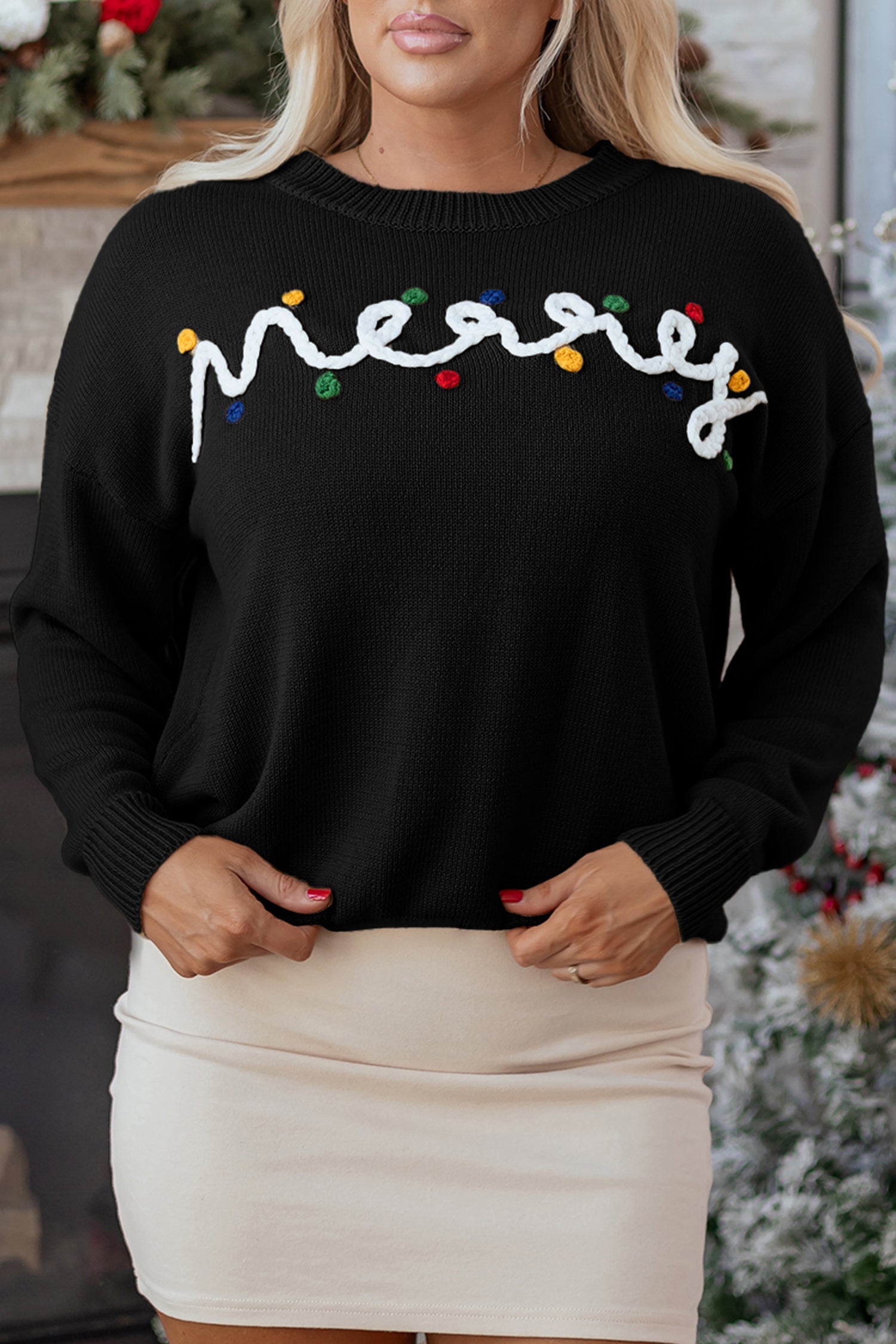 Black Merry Christmas Sweater With Colorful Dot Detail And Drop Shoulder Dear-Lover Dropshipping