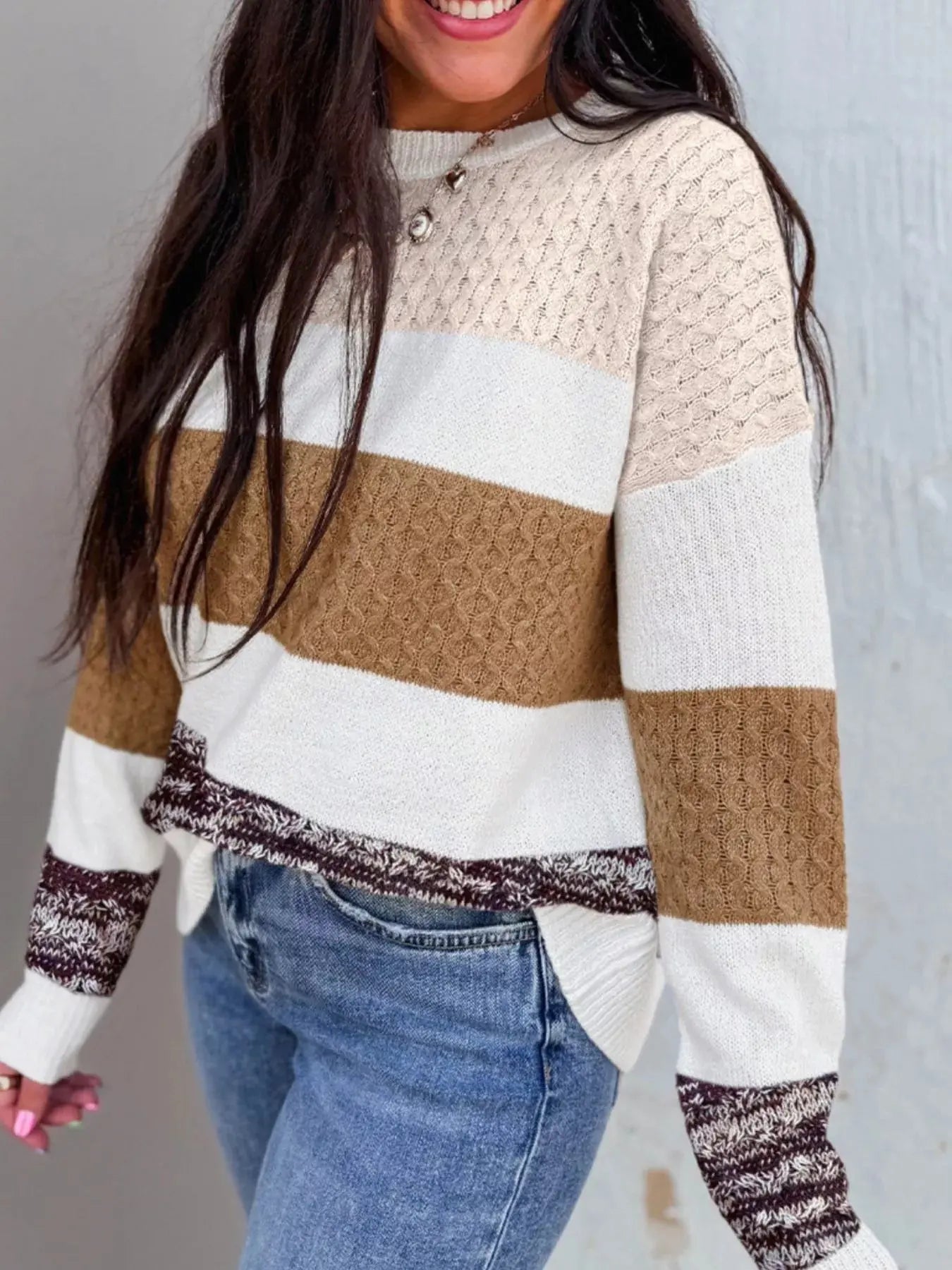 Mixed Texture Knit Striped Color Block Loose Sweater Simply Love