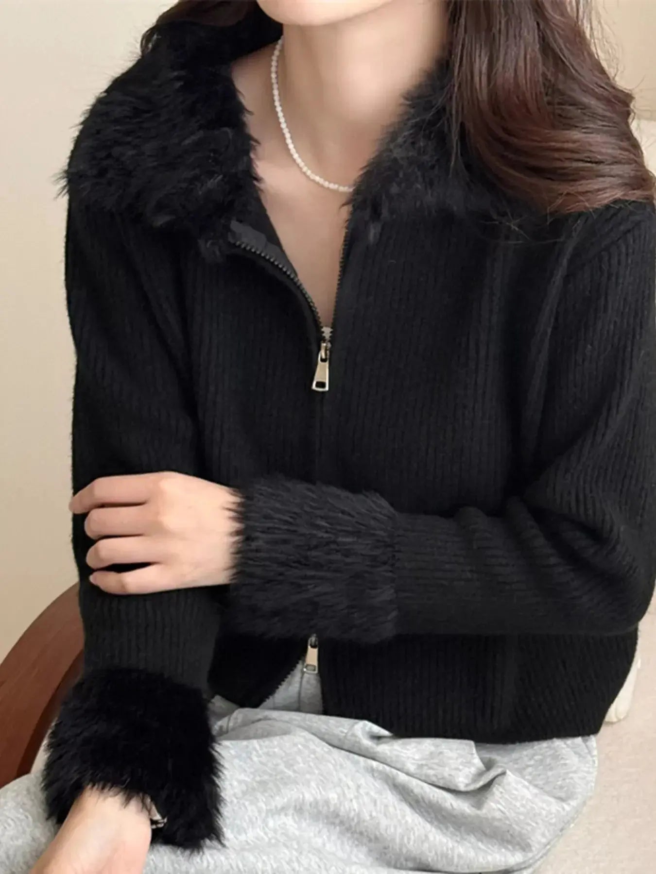 Fluffy Trim Zip-Up Cardigan Simply Love