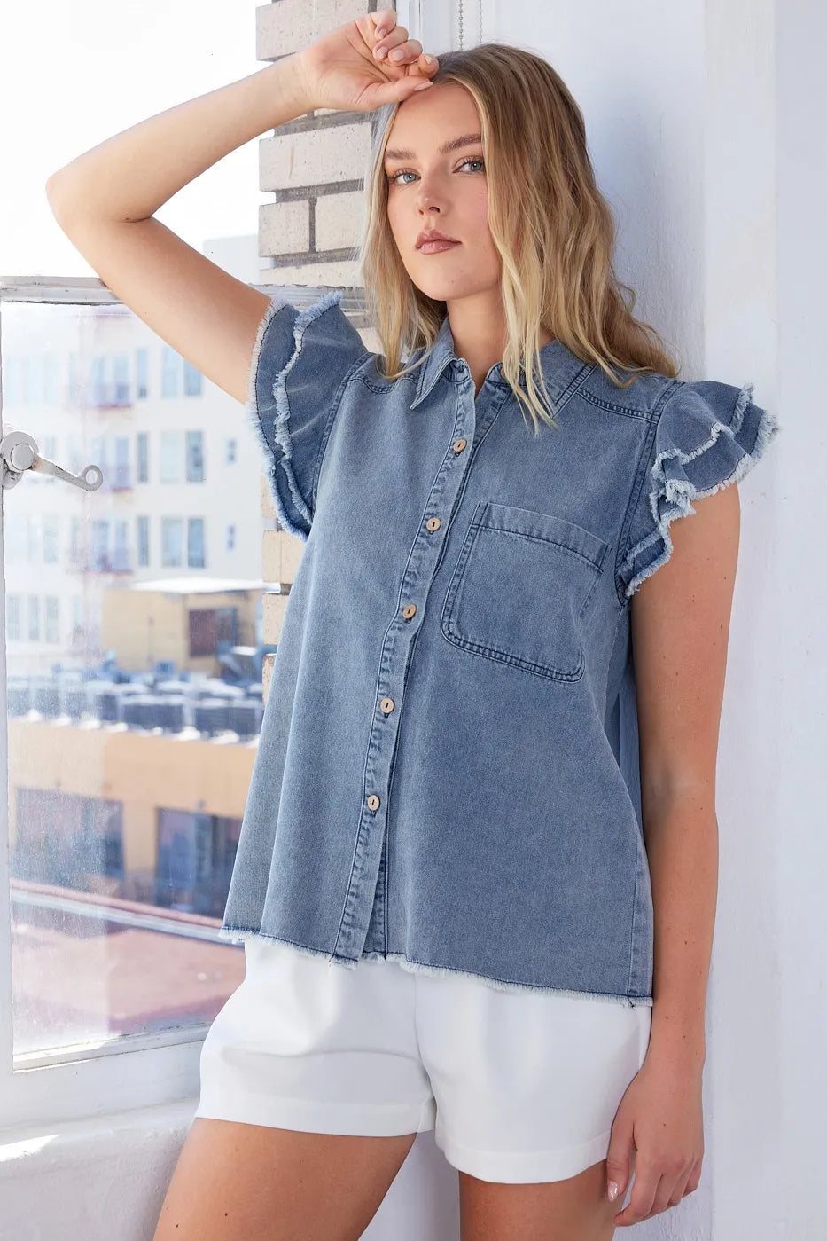 Mittoshop Washed Denim Ruffle Short Sleeve Collared Shirt - Love Salve 