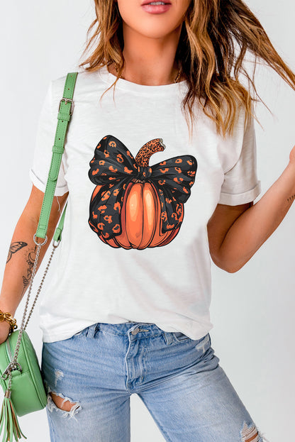 White pumpkin graphic t-shirt with bowknot detail for Halloween