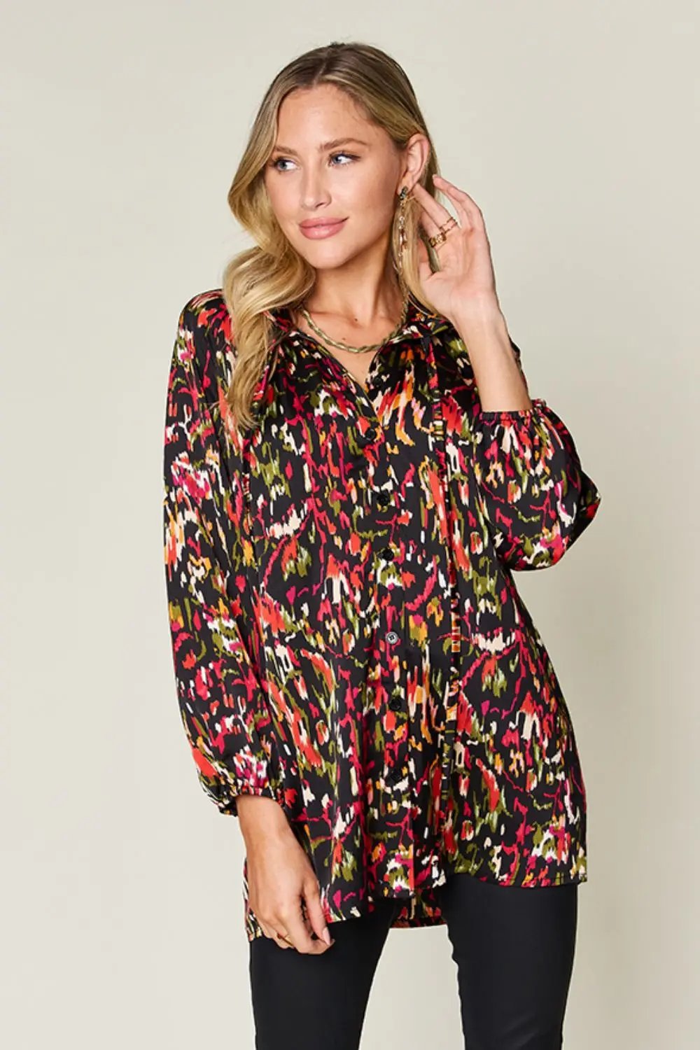 Double Take Full Size Printed Button Up Long Sleeve Shirt - Love Salve