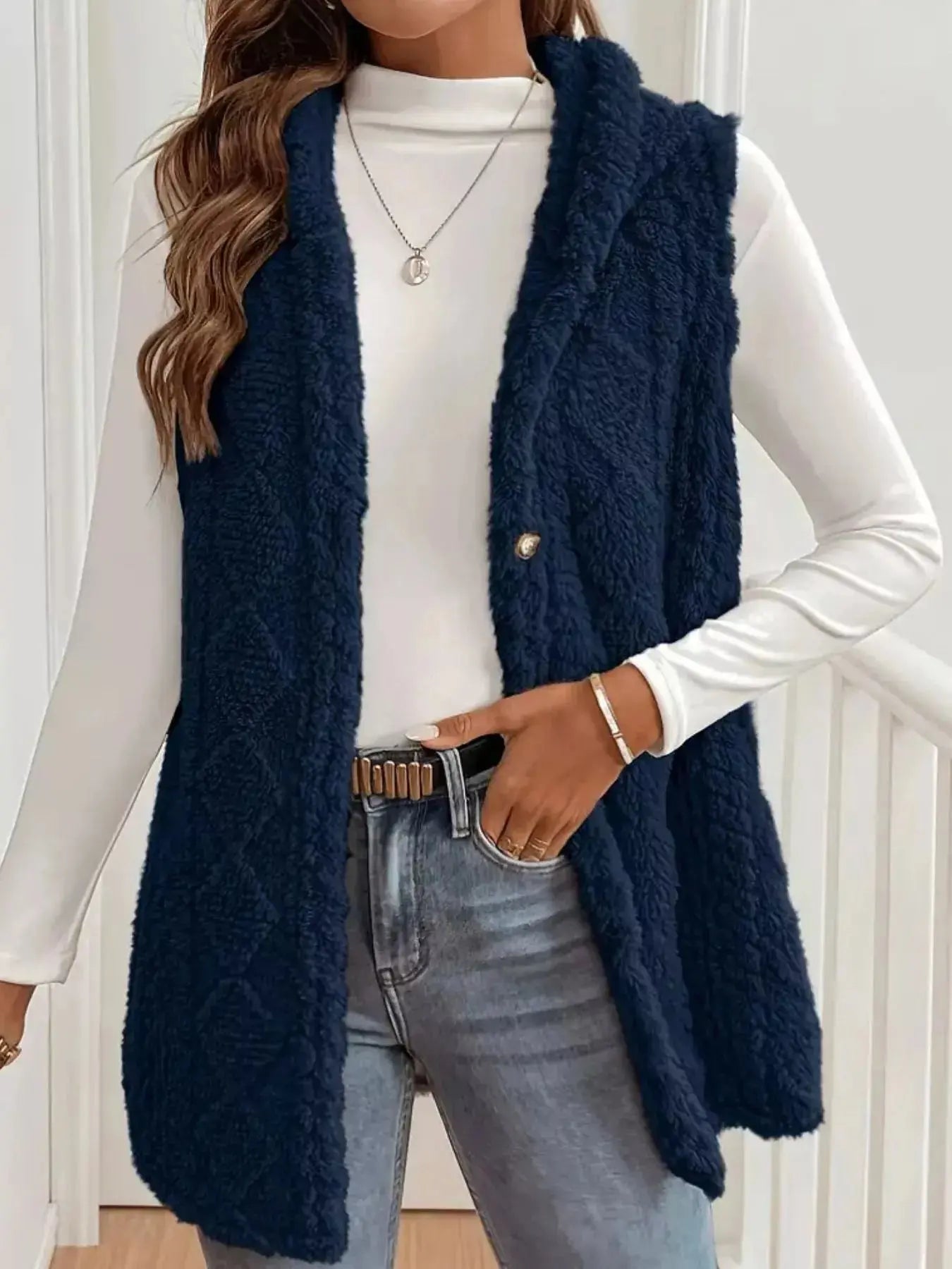 Hooded Button-Up Sherpa Vest Coat Simply Love