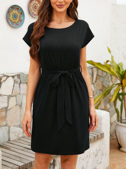 Round Neck Short Sleeve Tie Waist Mini Tee Dress.