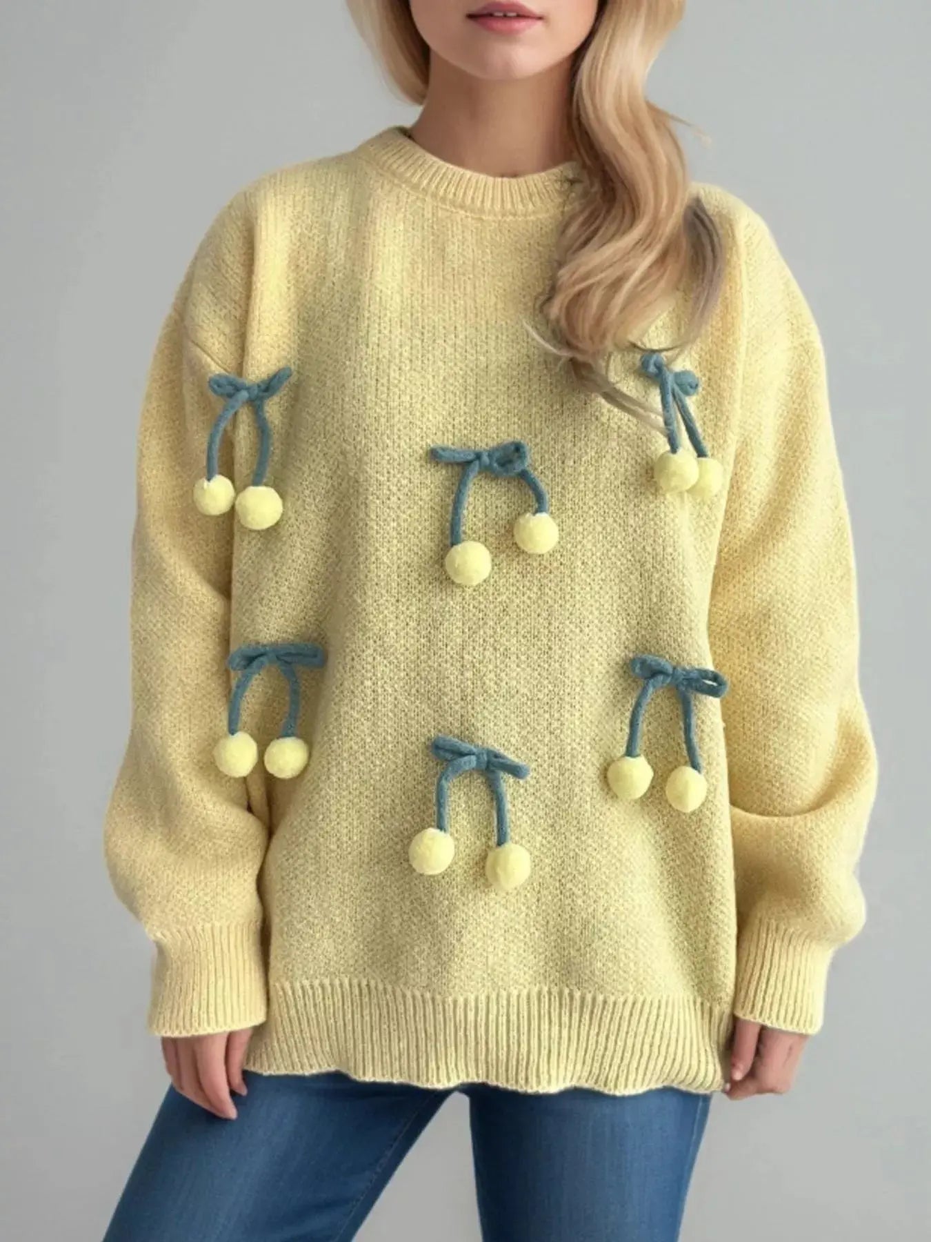 Cherry Pom-Pom Knit Round Neck Sweater Simply Love