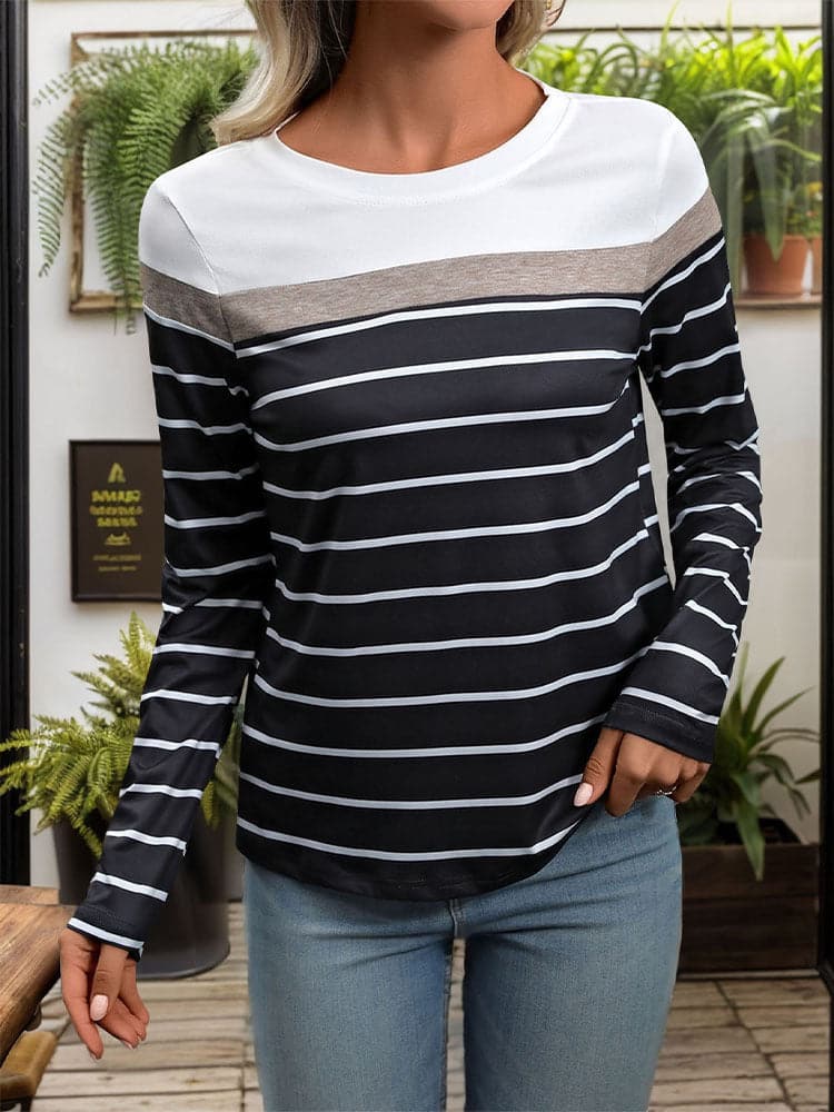 Striped Round Neck Long Sleeve T-Shirt.