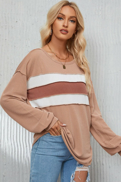 Ribbed Color Block Exposed Seam Round Neck Blouse.