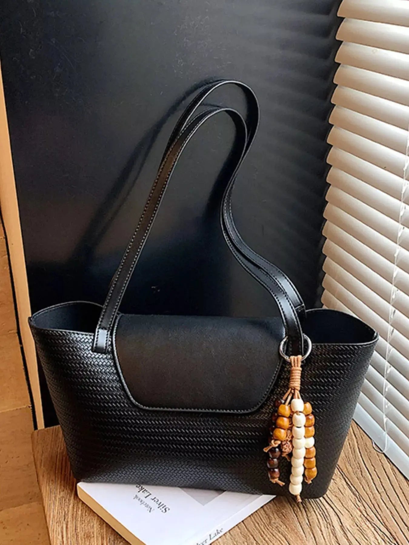 Texture Tote Bag with Beaded Charm Simply Love