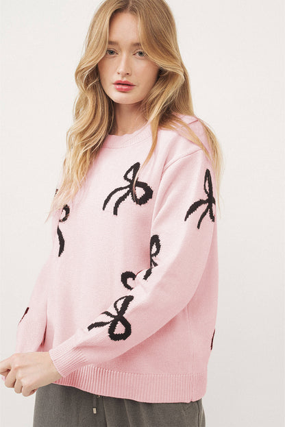 Light Pink Bow Print Cozy Knit Sweater