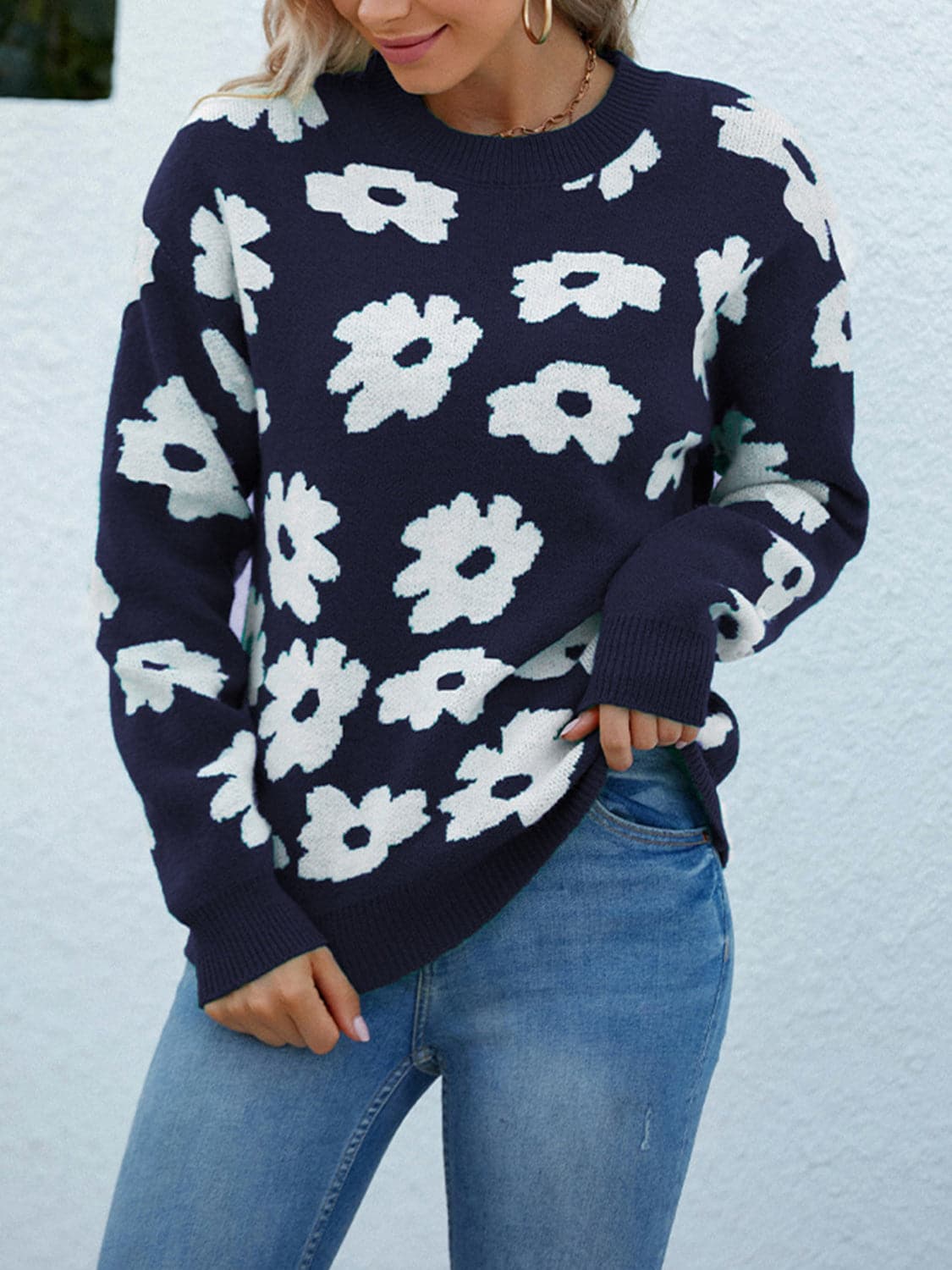 Floral Round Neck Sweater.