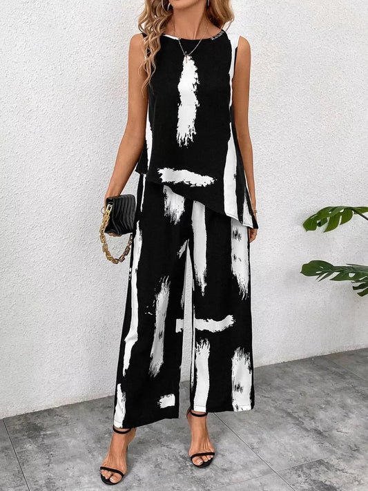Abstract Print Sleeveless Top & Wide Leg Pants Set Simply Love