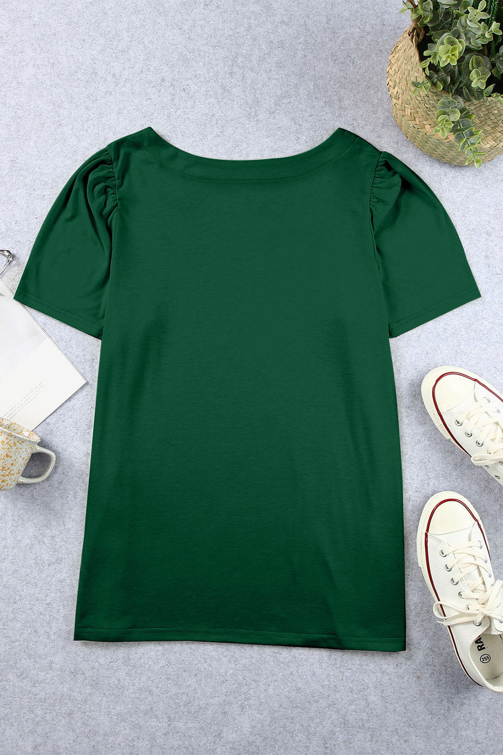 Chic green plus size square neck top with ruched shoulders