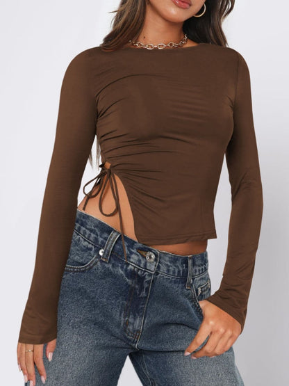 Chic tied slit long sleeve tee