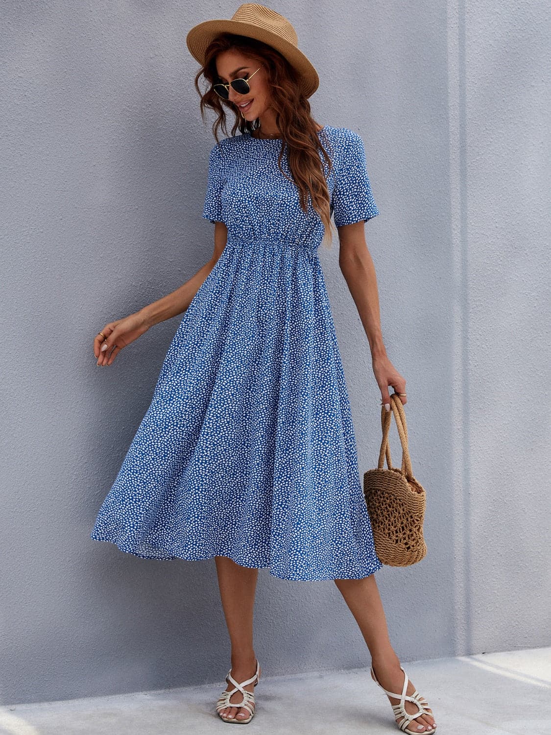 Printed Round Neck Short Sleeve Midi Dress.